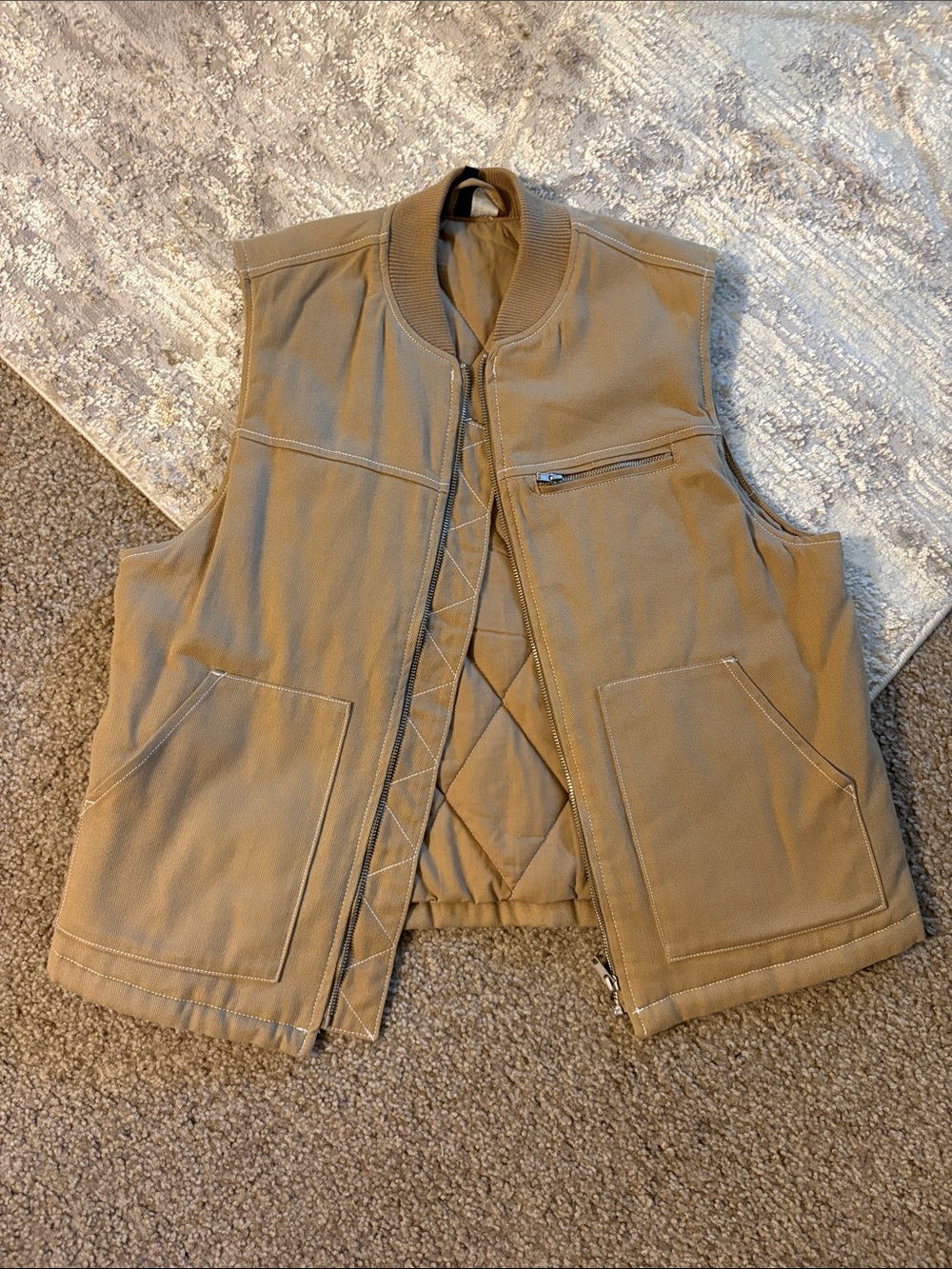Unisex Tan Workwear Utility Vest Quilted Lined Multi Pocket